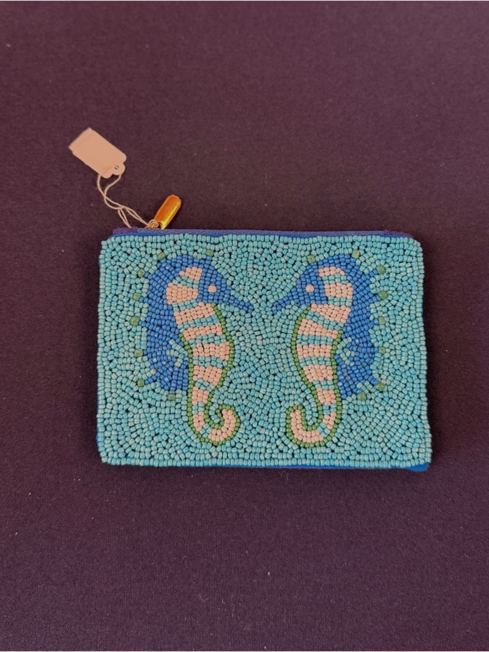Beaded Seahorse Coin Pouch - Aqua & Coral